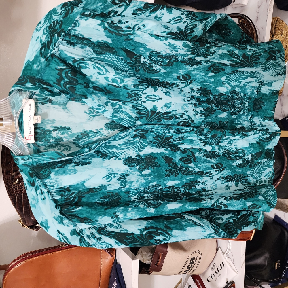 G by Giuliana Green and Blue Boxy Blouse with Mandarin Collar